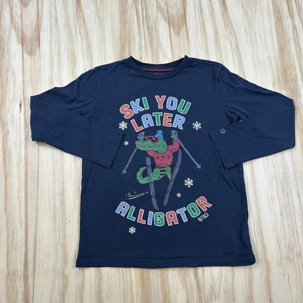 FatFace Kids 10-11 Blue Ski You Later Alligator T-Shirt Long Sleeve Graphic